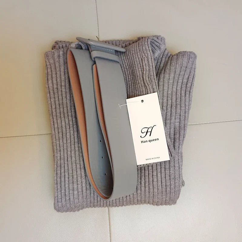H Han Queen Knitted Turtleneck Sweater Bodycon Dress Bottoming Women Soft Elastic Autumn Winter Midi Party Dresses With Belt gray One Size