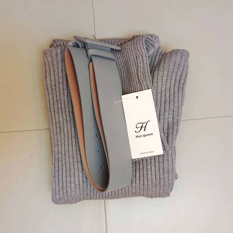 H Han Queen Knitted Turtleneck Sweater Bodycon Dress Bottoming Women Soft Elastic Autumn Winter Midi Party Dresses With Belt gray One Size
