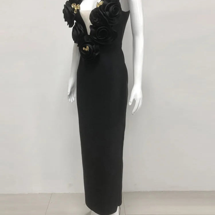 Vestido longo, sexy, com decote em V profundo e flores, estilo celebridade, preto, longo, bandagem justa, elegante, para festa noturna, 2025