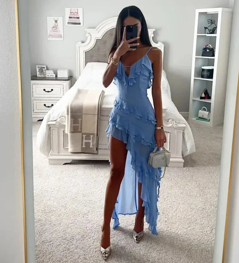 Holiday Maxi Midi Ruffles Beach Dress New Fashion Solid Color A-line Midi Dress Summer Sexy Strap Irregular Dress Sky Blue