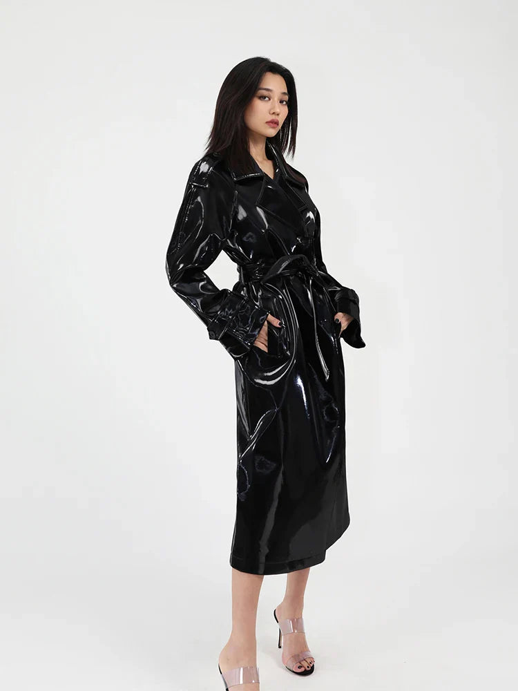 Spring Autumn Long Shiny Reflective Patent Leather Trench Coat for Women Sashes Luxury Designer Runway European Fashion Black