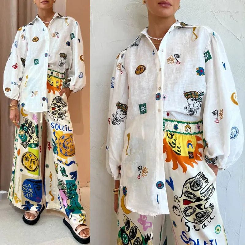 Casual Women's Print Shirt Lantern Sleeve Single Breasted Turn-down Collar Female Shirts Fashion Cartoon Lady Top Street White