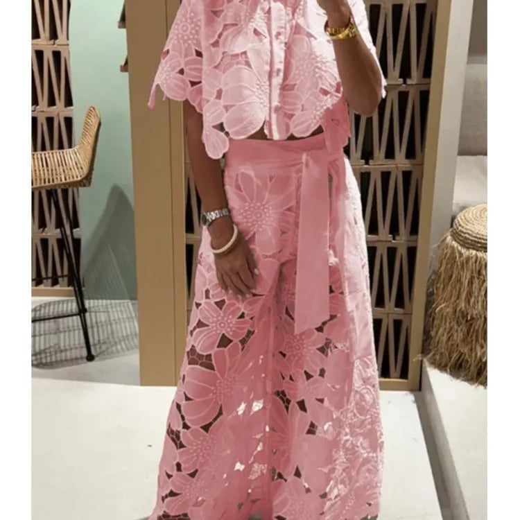 Sexy Lapel Single-breasted Shirt Top + Wide-leg Pants 2-piece Set Women Fashion Solid Color Elegant Casual Hollow Suit Female