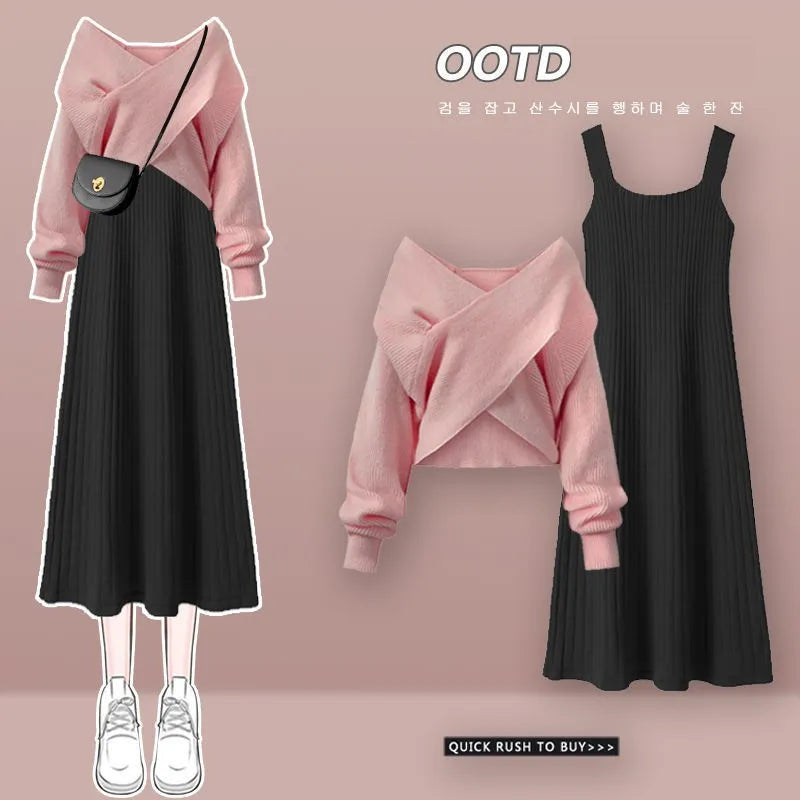 Women's Autumn Winter Knit Dress Two Piece Fashion Cross Sweater+Suspended Skirt Matching Set Korean Elegant Chic Suit Set 07