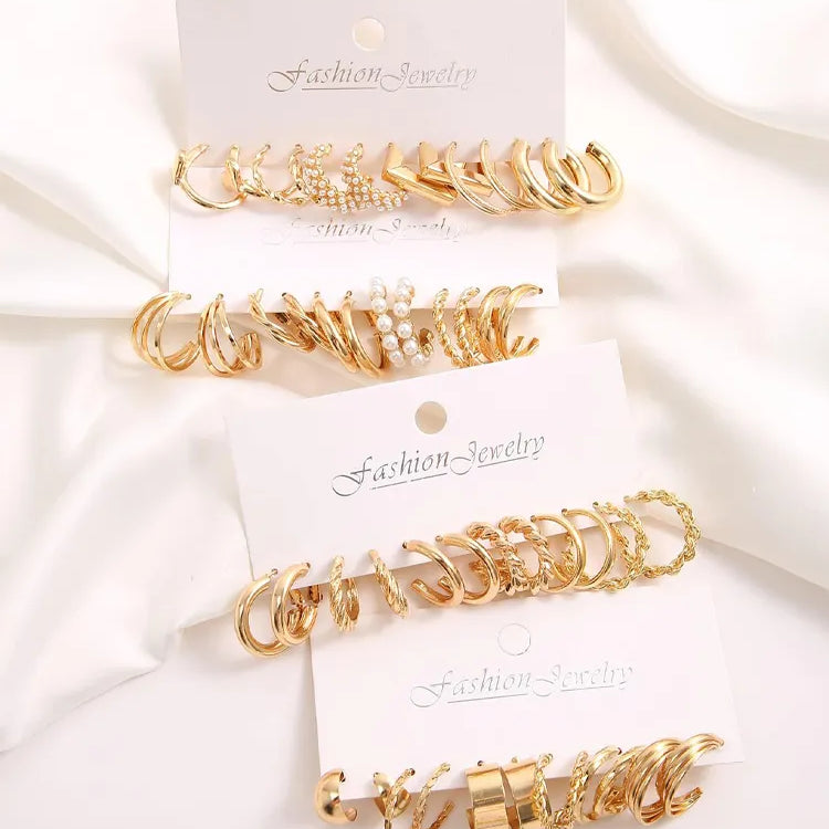 Gold Color Vintage Hoop Earrings Set for Women Boho Metal Circle Geometric Twist Pearl Dangle Earrings Trendy Jewelry Gifts