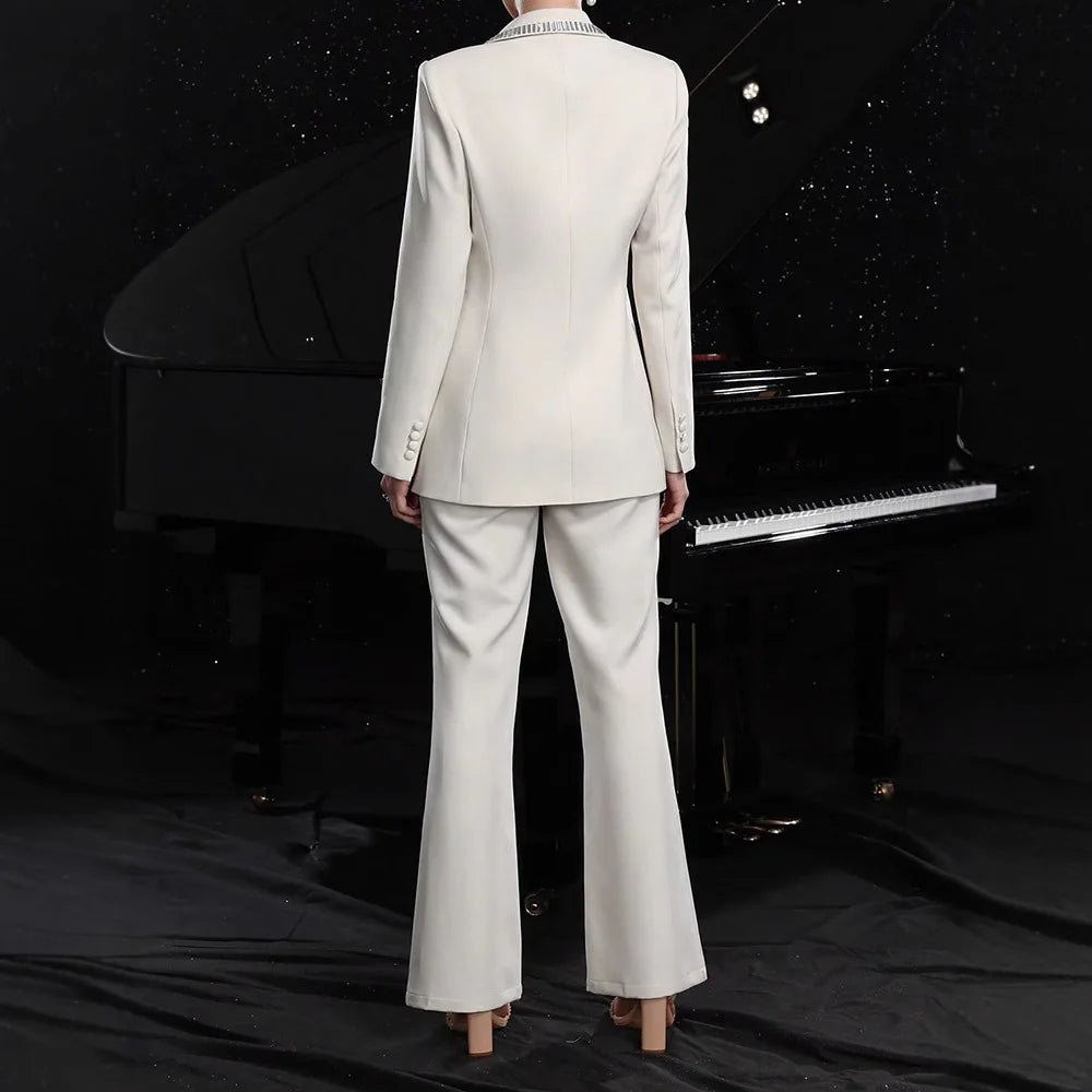 TWOTWINSTYLE Solid Hollow Out Elegant Two Piece Sets for Women Lapel Long Sleeves Spliced Hot Fix Top High Waist Pant Set Female