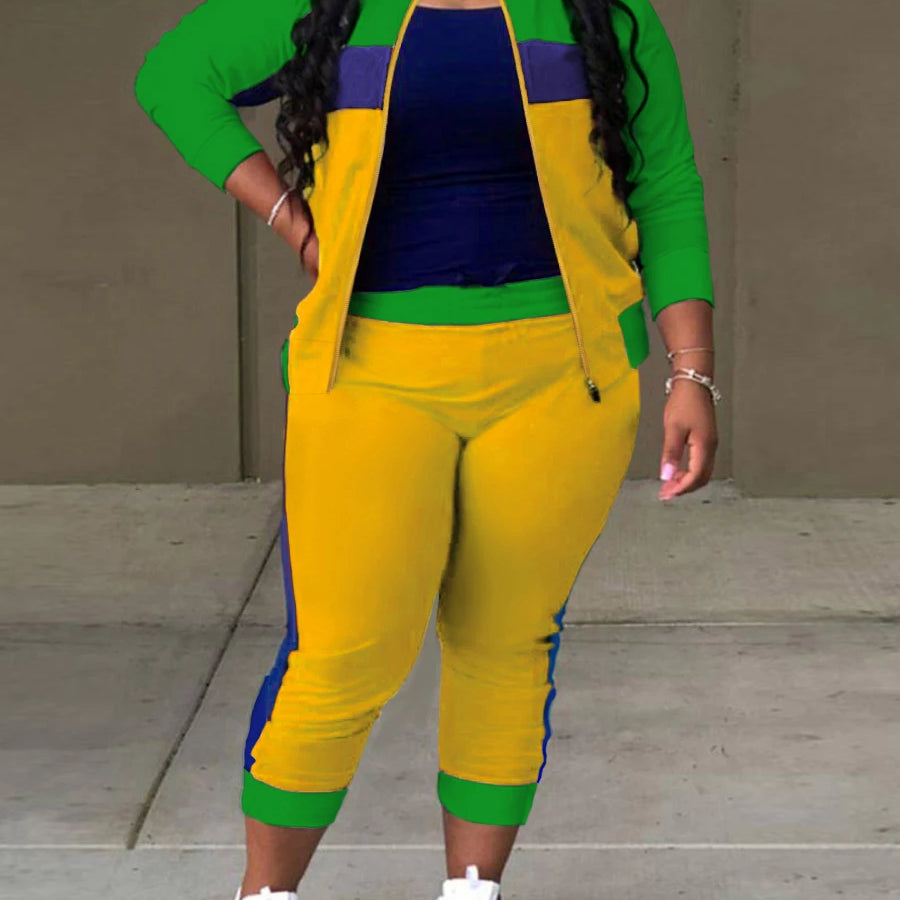 LW Plus Size Zipper Design Patchwork Pants Set Women Color Block Mandarin Collar Tracksuits Long Sleeve Two Pieces Outfits