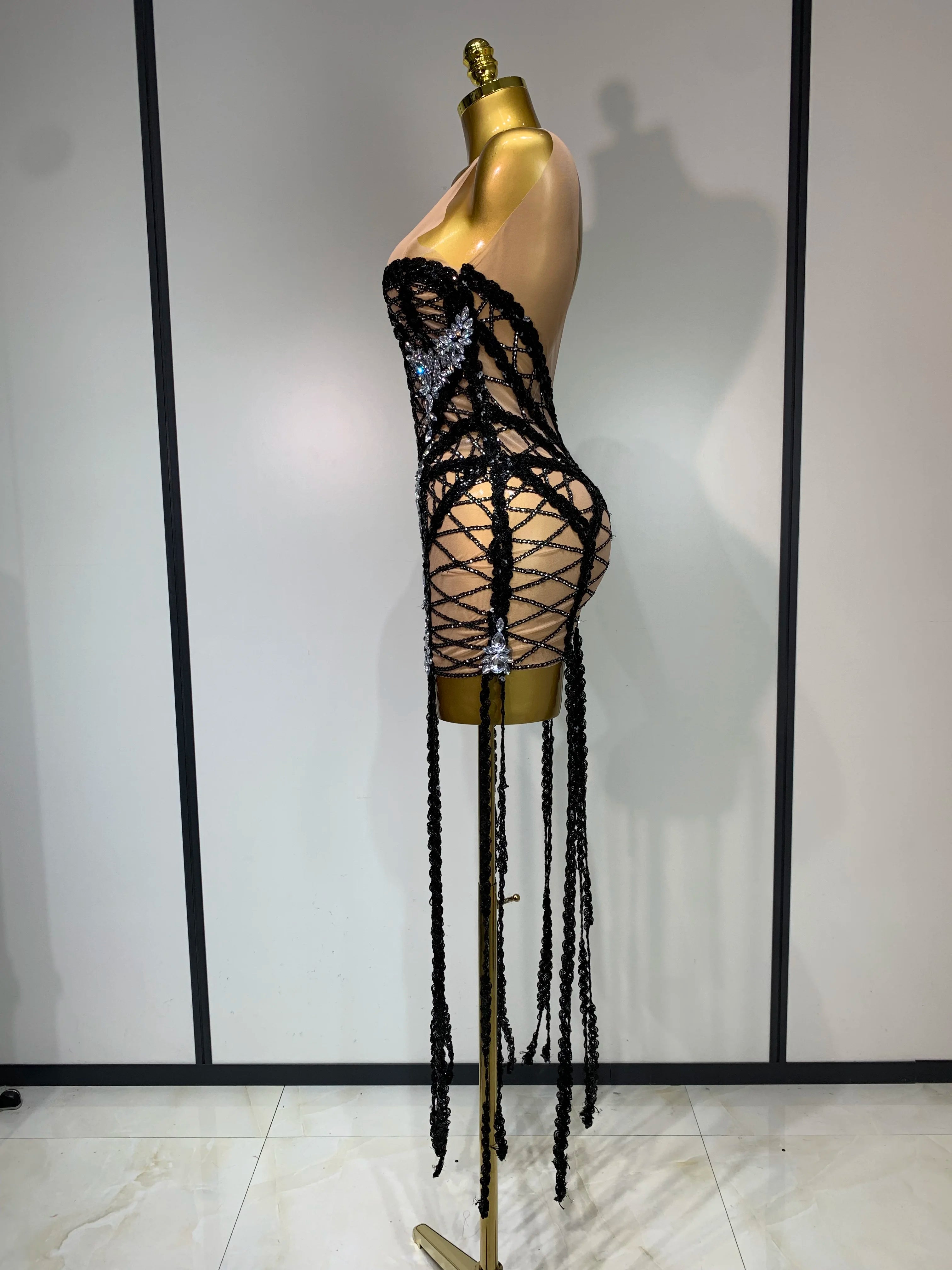 Luxury Birthday Sparkle Sequins Diamonds Long Tassel Sleeveless Mini Dress Women Red Carpet Goddess Stage Performance Costume