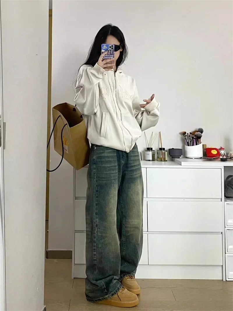 Autumn Winter New Ladies Baggy Jeans American High Street Wide Leg Women's Jeans Note Embroidery Women Pants High Waist Blue