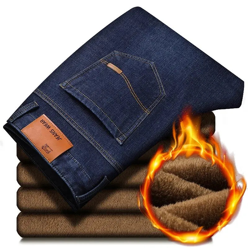 Men Winter Fleece Warm Jeans Brand New Fashion Business Pants Retro Classic Denim Trousers Autumn Casual Stretch Slim Jeans Men Pack of 1 blue 8010