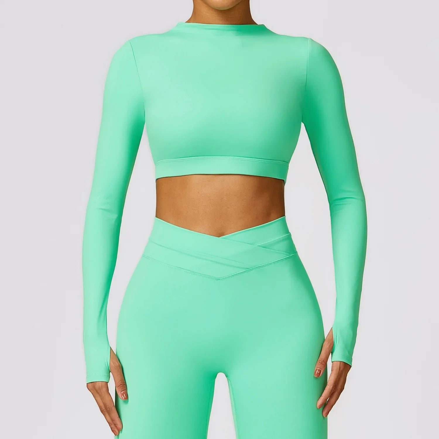 New Women's Long Sleeve Top Yoga Shirts Running T-Shirt Workout Running Fitness Gym Sports Top Training Crop Top Solidcolor apple green CHINA