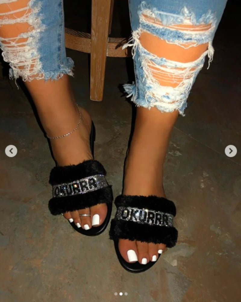 Sandals Female Europe Flat Fur Slides Shinny Diamond Slippers Wild Fashion Home Soft Flip-flops Shoes for Women Slide