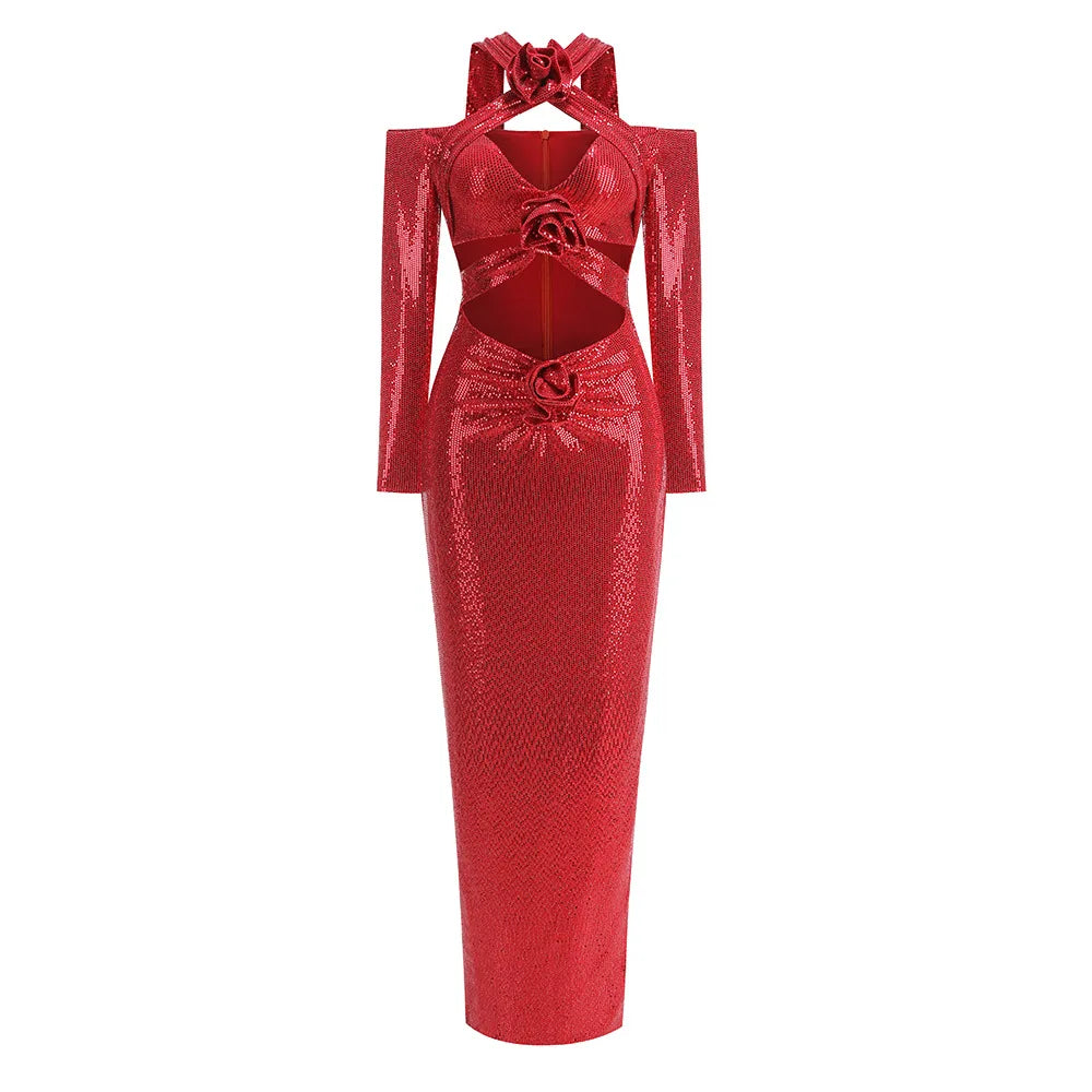 Autumn Red Color Shinning Sequins Women Long Sleeve Sexy Halter Bodycon Long Dress Florals Wedding Mermaid Party Dress