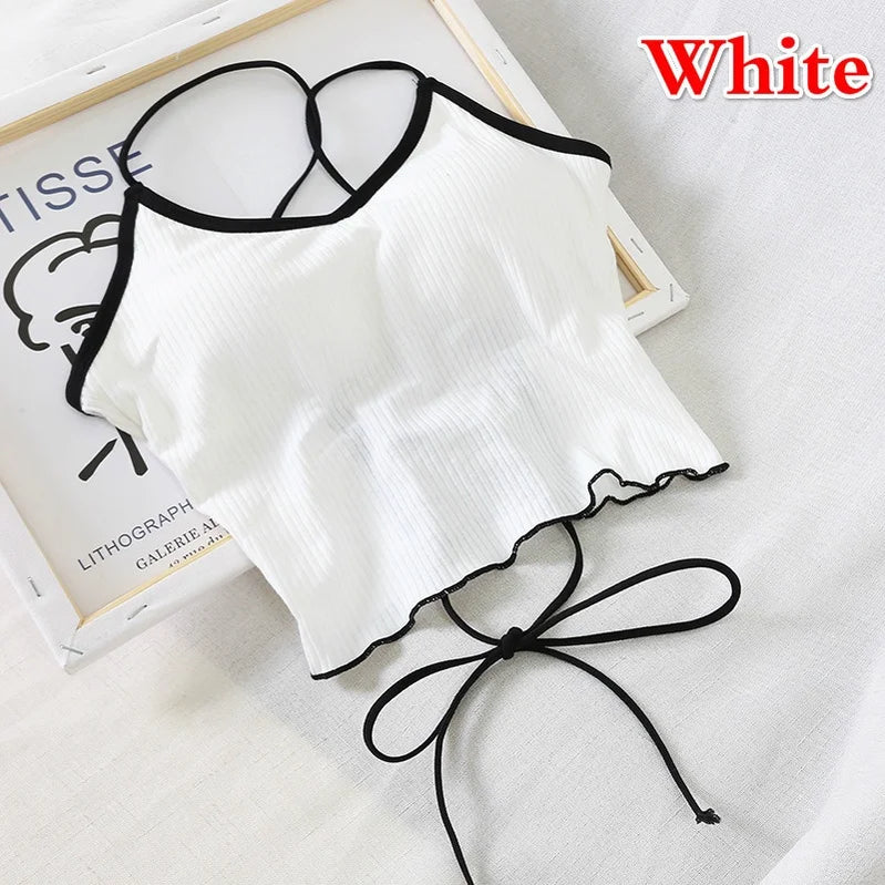 2023 Summer New Slim Fit Open Back Sexy Chest Cushion Strap Women Crop Tops Sexy Solid Color Camisole Women Clothing 5 One Size