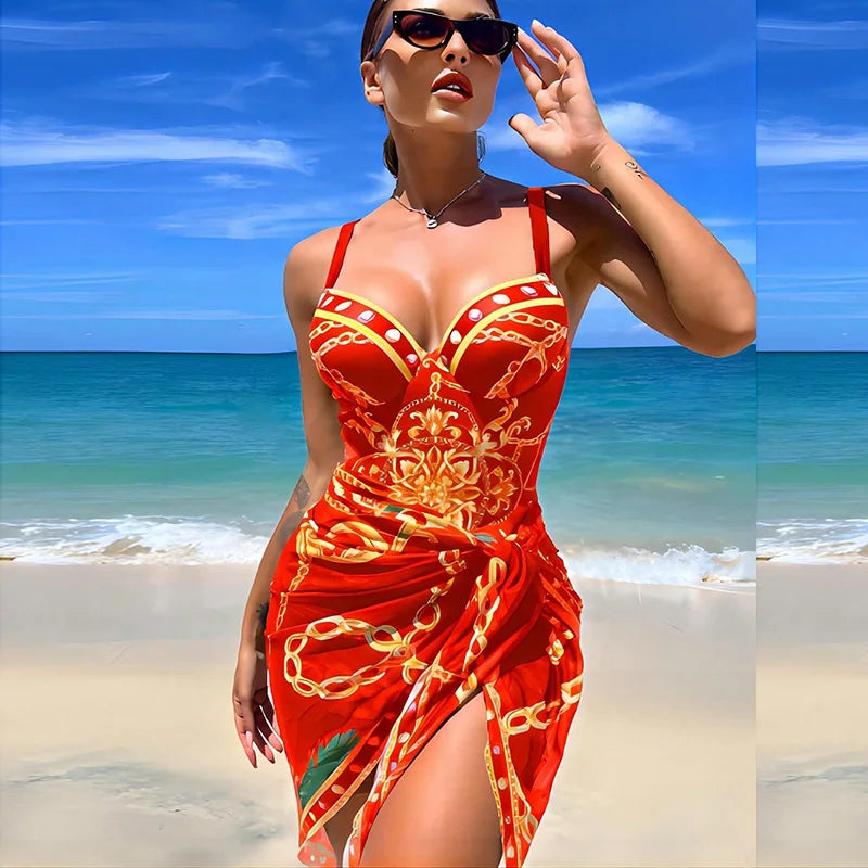 VigoBeviya Sexy Print Strapped 2 Piece Swimwear Women Strapped Push UP One Piece Swimsuit Monokini Backless Bathing Suit Red