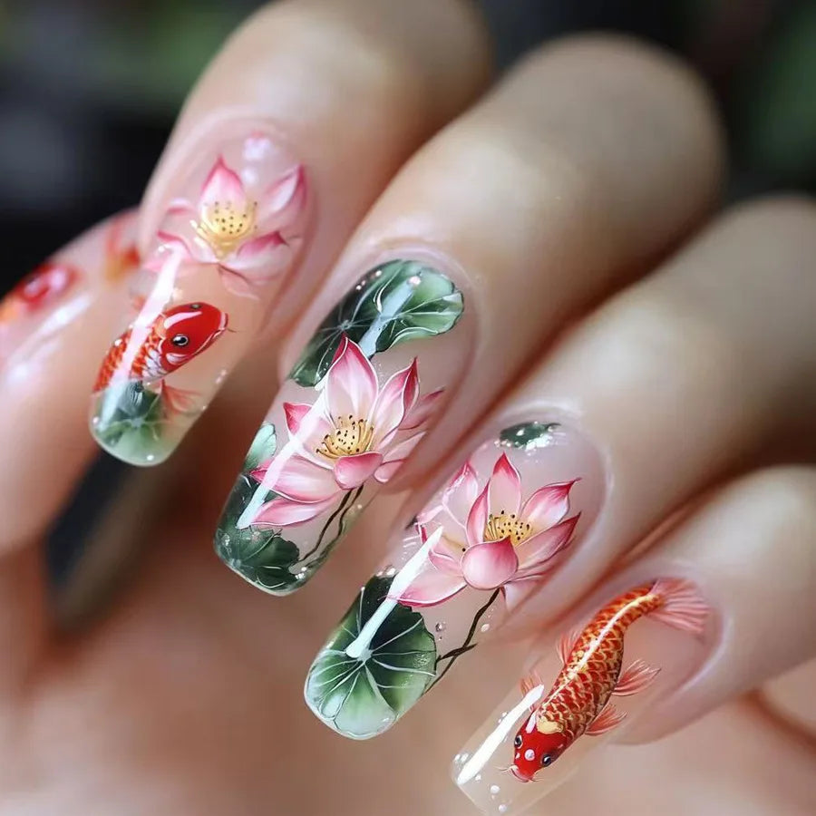 24pcs/set Medium long fake nails Swan fish flowers for summer season gradient almond square ballet tips press on false nails