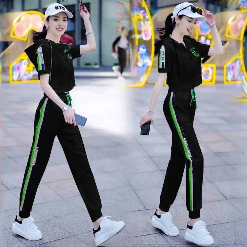 Women's 4XL Plus Size Clothing Spring And Autumn New Casual Fashion Suit Short Sleeve Hooded Tops Pants Two Piece Sets For Women