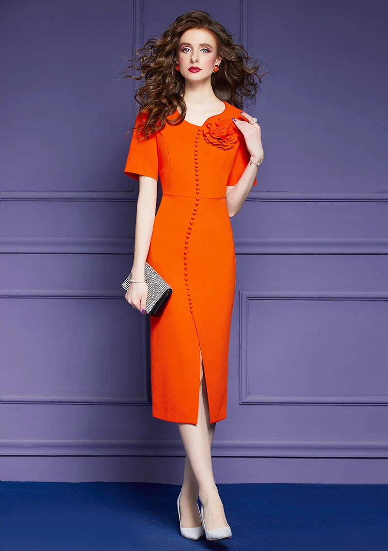ZJYT Elegant Summer Dresses for Women 2024 Luxury Buttons 3D Floral Midi Straight Evening Party Dress Short Sleeve Orange Robe