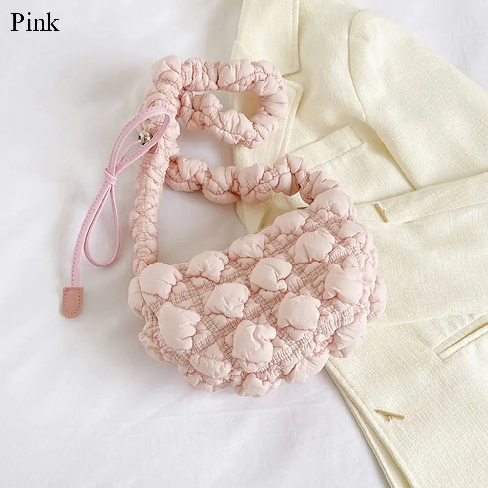 Cloud Quilted Shoulder Bag Simple Bubbles Solid Color Shopping Bag Pleated Handbag Women Girls pink