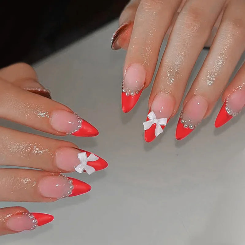24Pcs Dark Red Almond False Nails with 3D Metal Bow Designs Nail Art French Love Cherry Nails Full Cover Press on Nails Hot Girl
