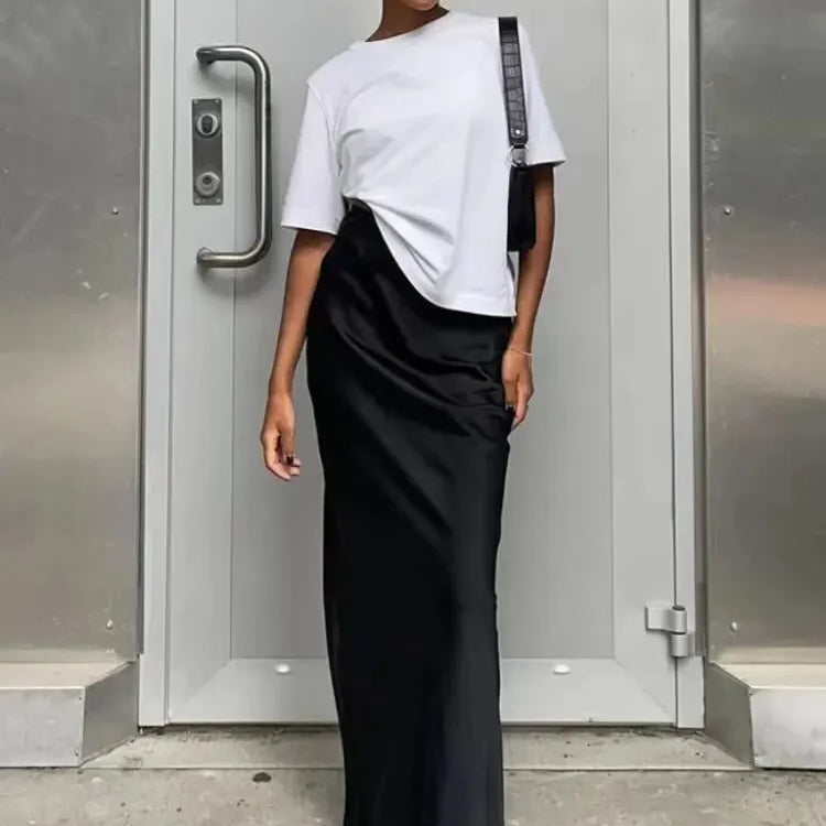 Women's Black Elegant Satin Fashion Slim Skirts Four Seasons Casual High Waist Club Office Maxi Skirt
