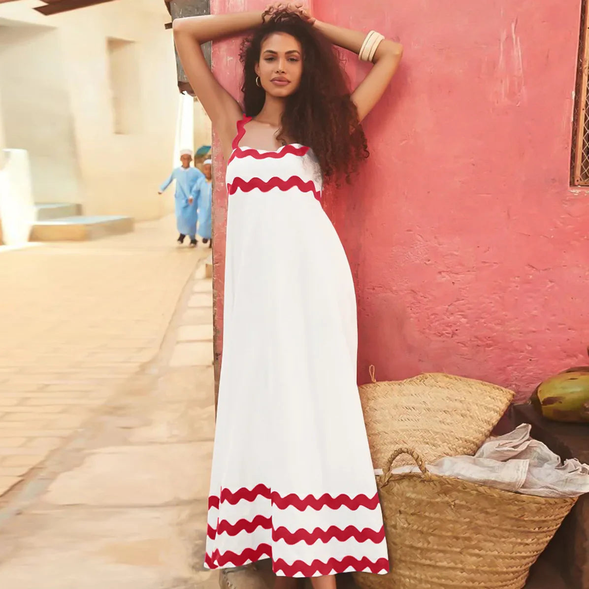 Striped O Neck Printed Long Maxi Dress Women Fashion Sleeveless Streetwear Female Loose Beach Holiday Vestidos Robes Red