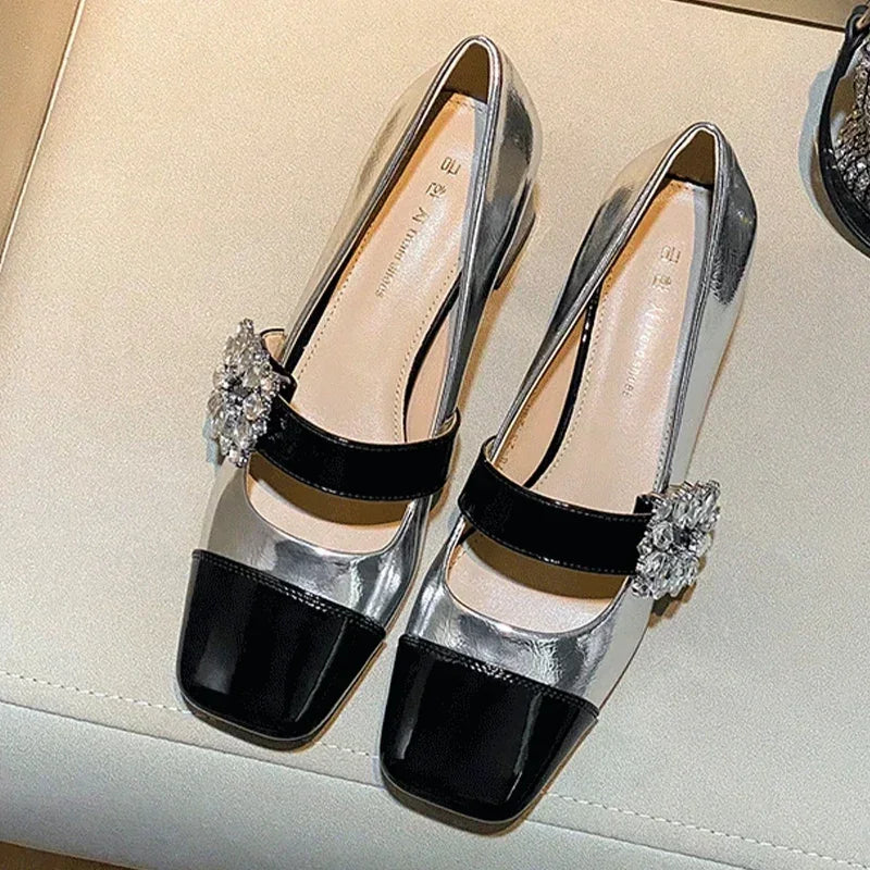 Mary Janes Mid Heels Shoes Women Luxury Crystal Shoes Summer Square Toe Lolita Zapatos Dress Chunky Elegant Pumps Femme