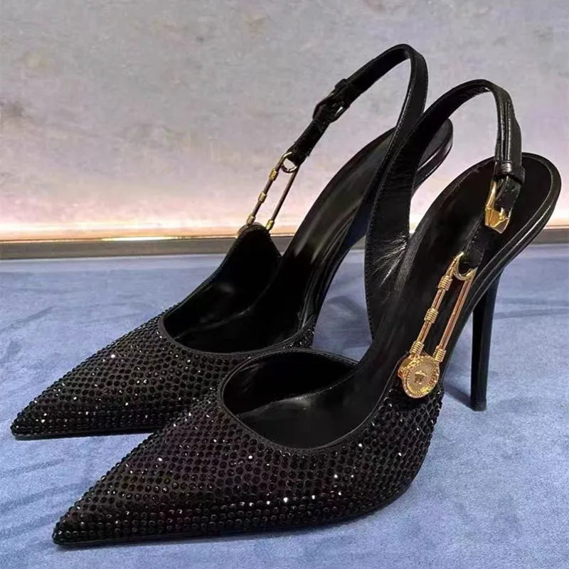 Luxury Rhinestones Sequined Buckle Women Pumps Elegant Pointed toe Slingbacks Stiletto High heels Spring Summer Fashion Shoes Black