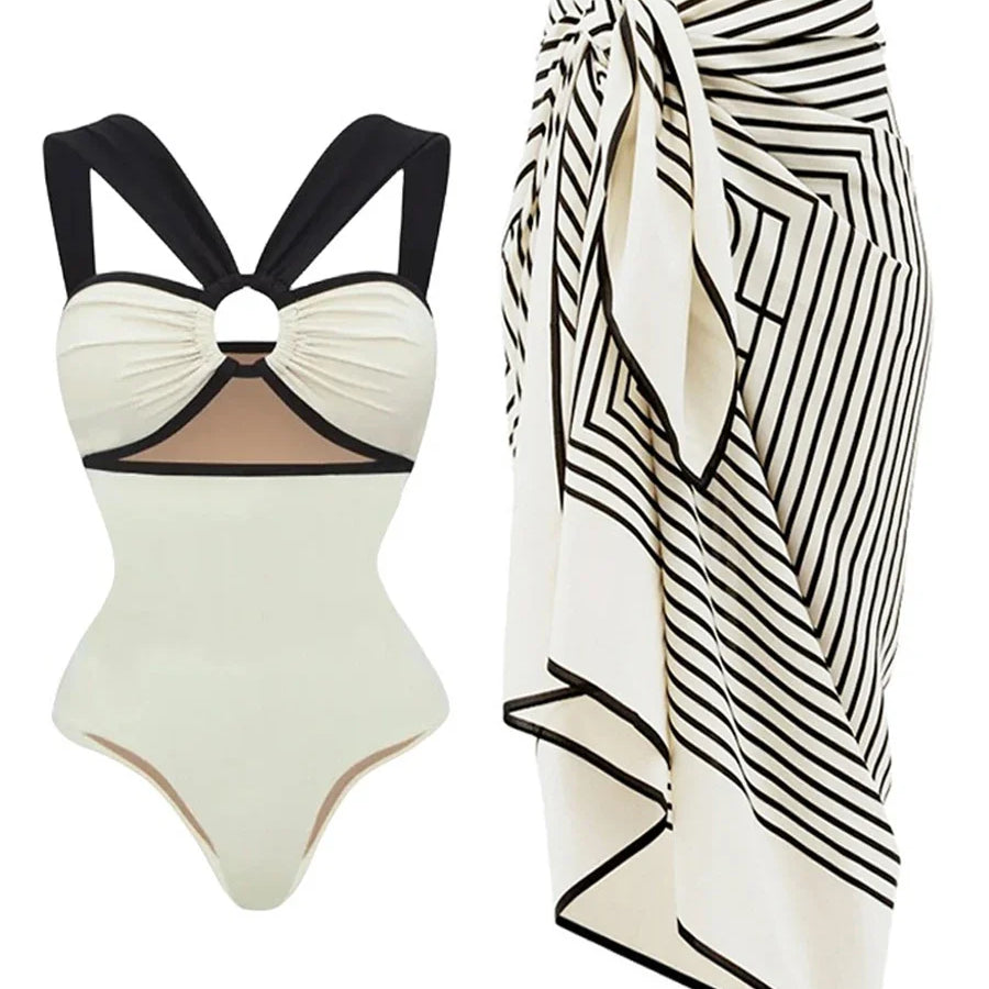 Milky White One-piece Swimwear Design Cut-out Stylish Elegant Swimsuit Body Fit Summer Vacation Seaside Swimsuit And Cover Up Khaki