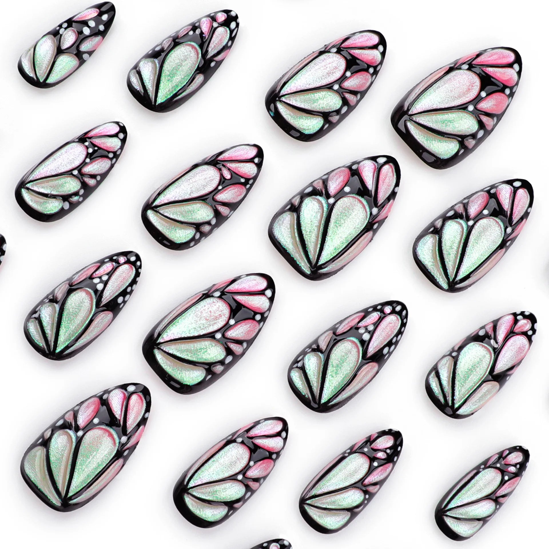 Faux ongles 3D papillon amande, poudre nacrée verte, amovibles, à coller avec de la colle