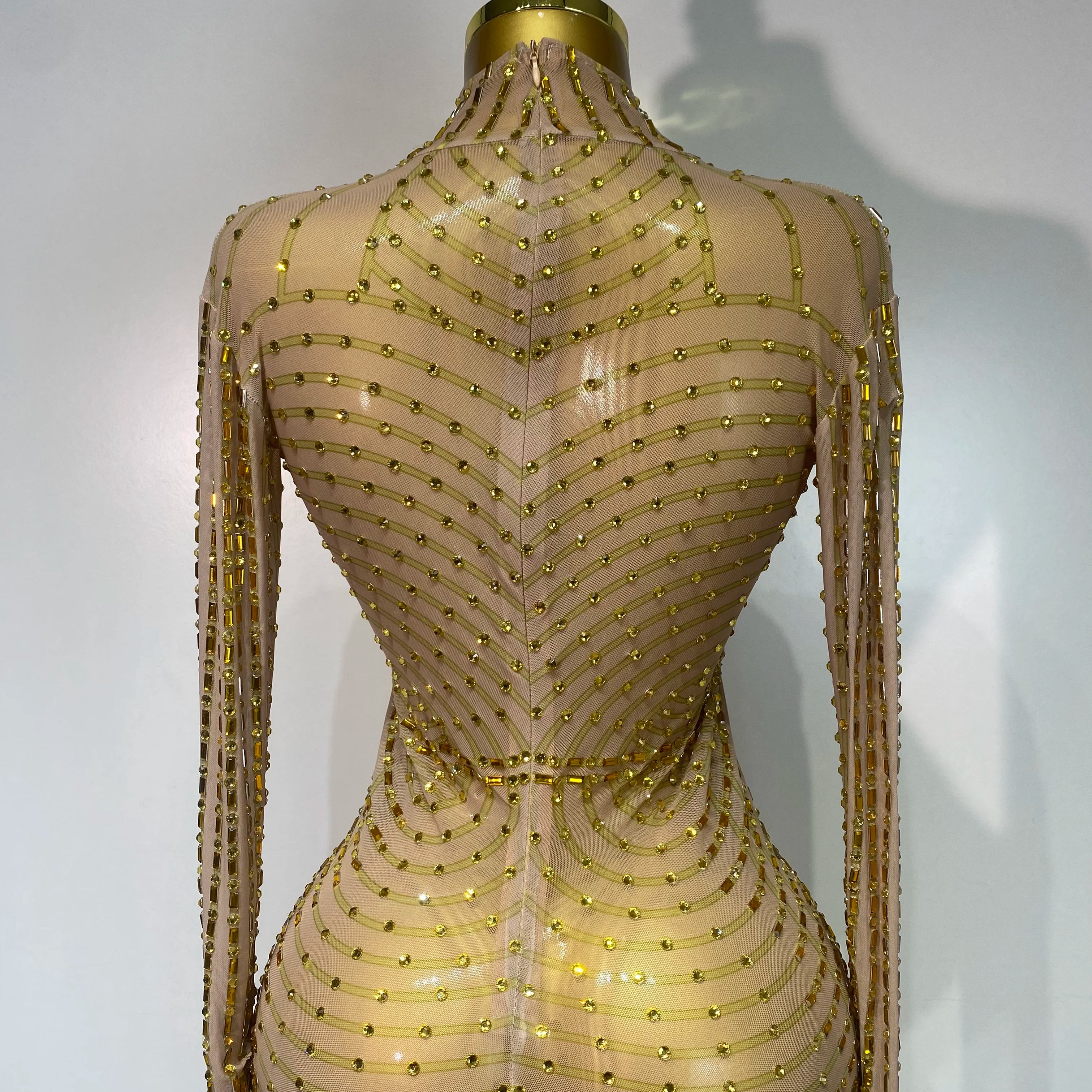 Sexy Long Sleeve Mesh See Through Gold Silver Maxi Dress Evening Party Singer Costume Stage Performance Luxury Birthday Dress