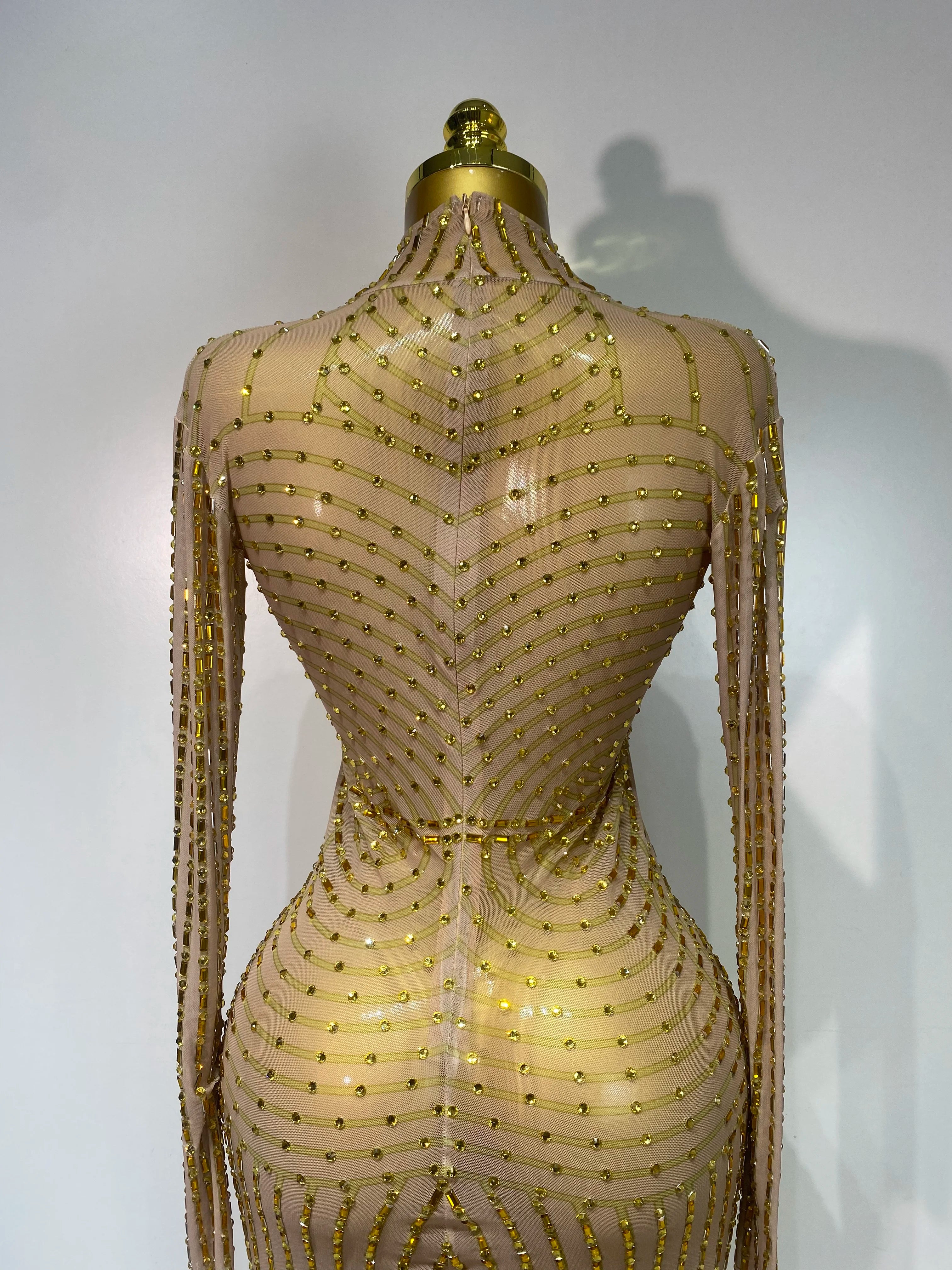 Sexy Long Sleeve Mesh See Through Gold Silver Maxi Dress Evening Party Singer Costume Stage Performance Luxury Birthday Dress