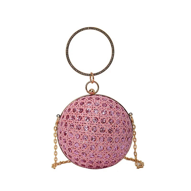 Sparkly Round Evening Purses for Women Shiny Diamonds Handbag Unusual Party Mini Small Bags Fashion Luxury Shoulder Bag Woman Pink Mini(Max Length<20cm)