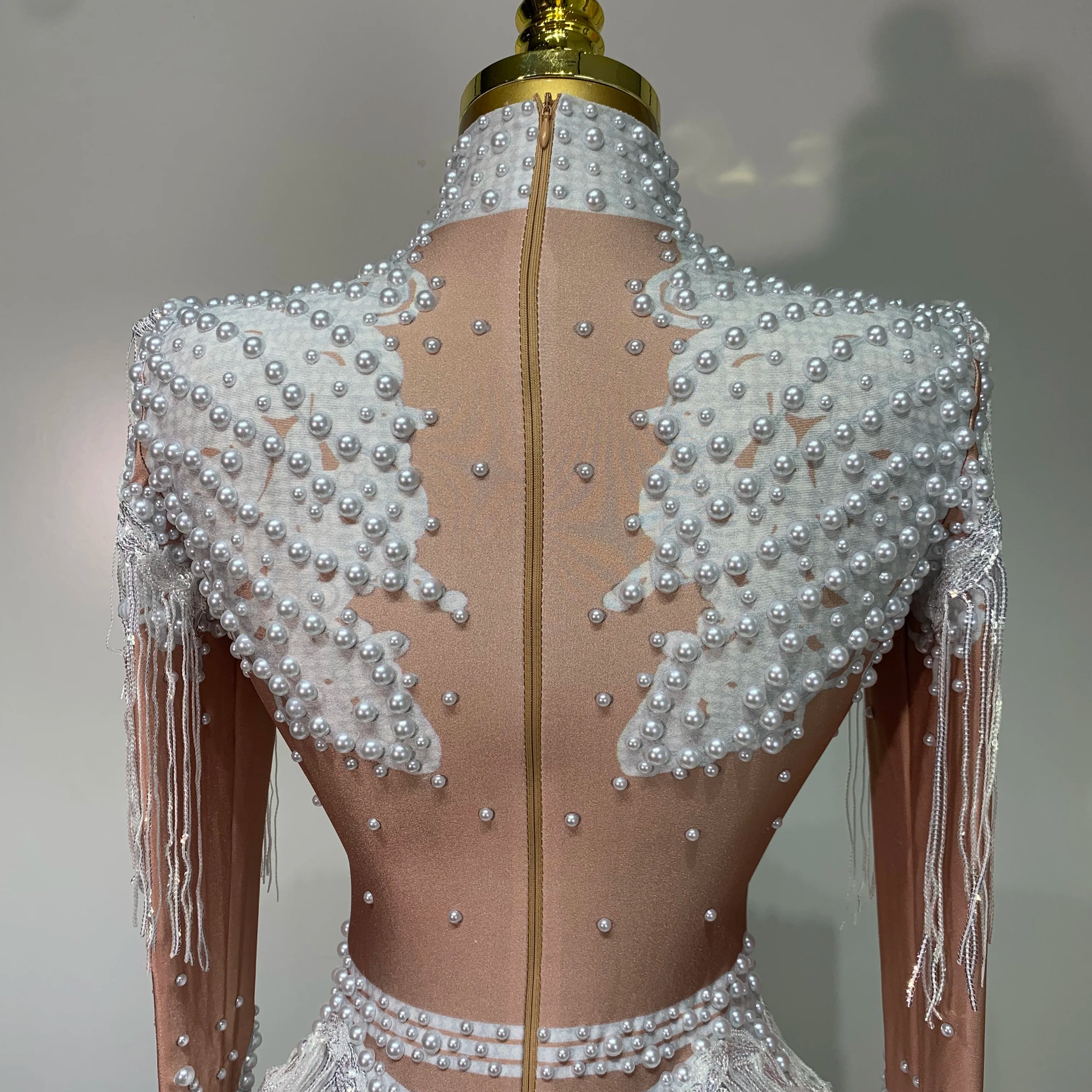 Women Long Sleeve Sexy Stretch Bodycon Shinning Tassels Rhinestones Bodysuit Celebrate Birthday Club Evening Party Stage Outfit