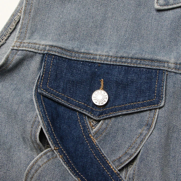 Colorblock Hollow Out Casual Denim Waistcoats For Women Lapel Sleeveless Spliced Single Breasted Streetwear Waistcoat Female