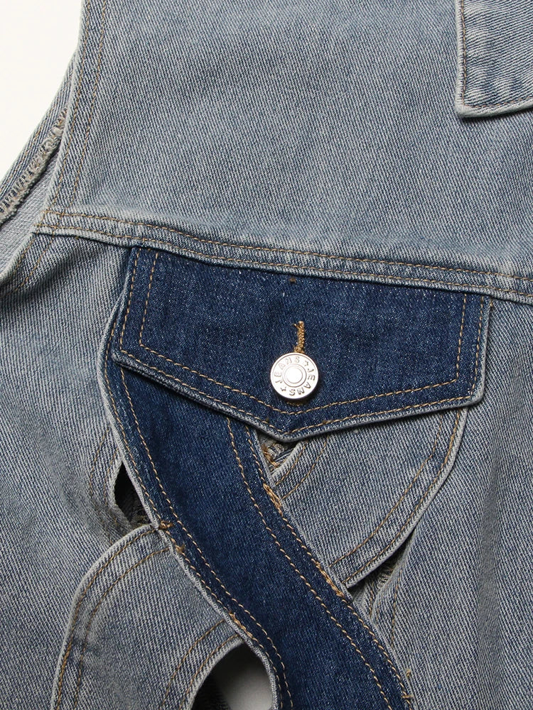 Colorblock Hollow Out Casual Denim Waistcoats For Women Lapel Sleeveless Spliced Single Breasted Streetwear Waistcoat Female