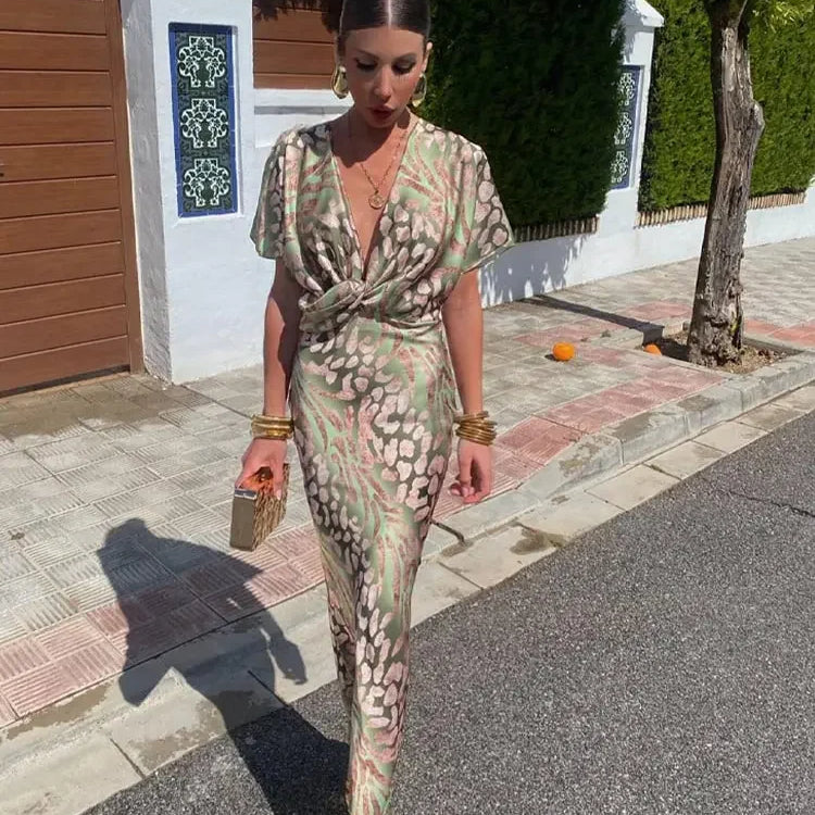 Elegant Printed Satin Midi Dress For Women Chic V-neck Short Sleeve Pleated Bodycon Dresses Summer Female Chic Street Robes 2024 Green