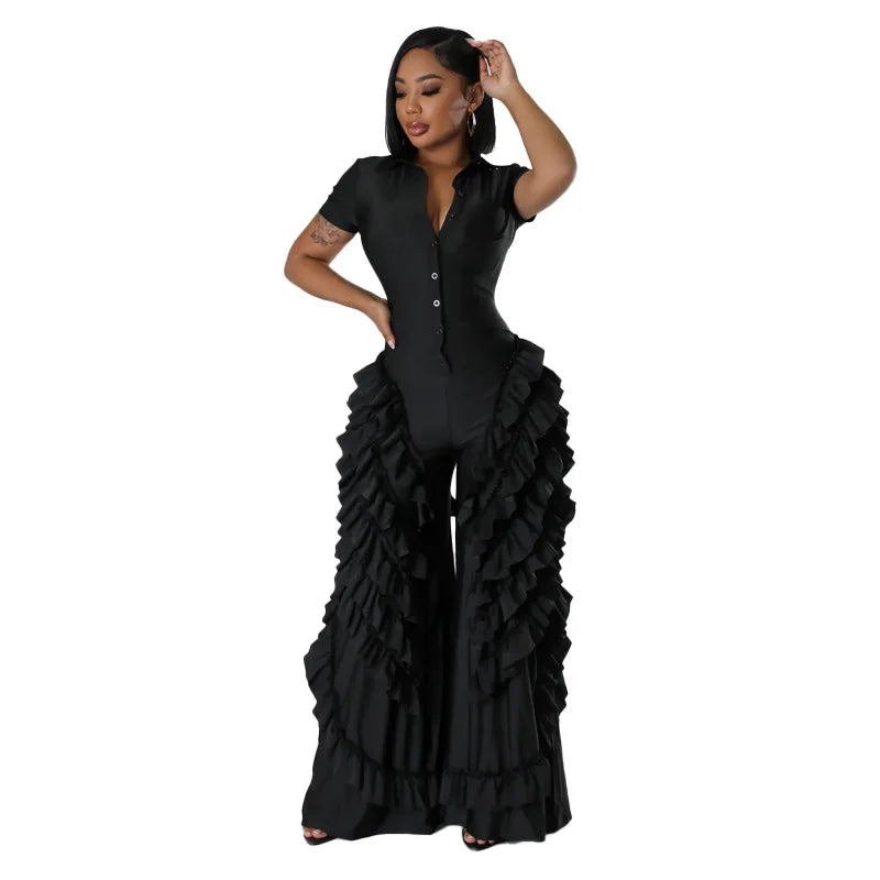 CM.YAYA Fashion Women Mult Ruffles Short Sleeve Zipper Fly Wide Leg Shirt Jumpsuit 2024 Streetwear Romper One Piece Set Playsuit