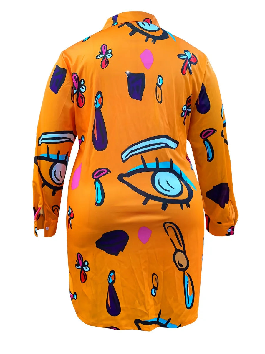 Oversize Single Breasted Button Irregular Shirt Dresses Autumn Women Turn-down Collar Boho Print Loose Mini Dress XL-5XL
