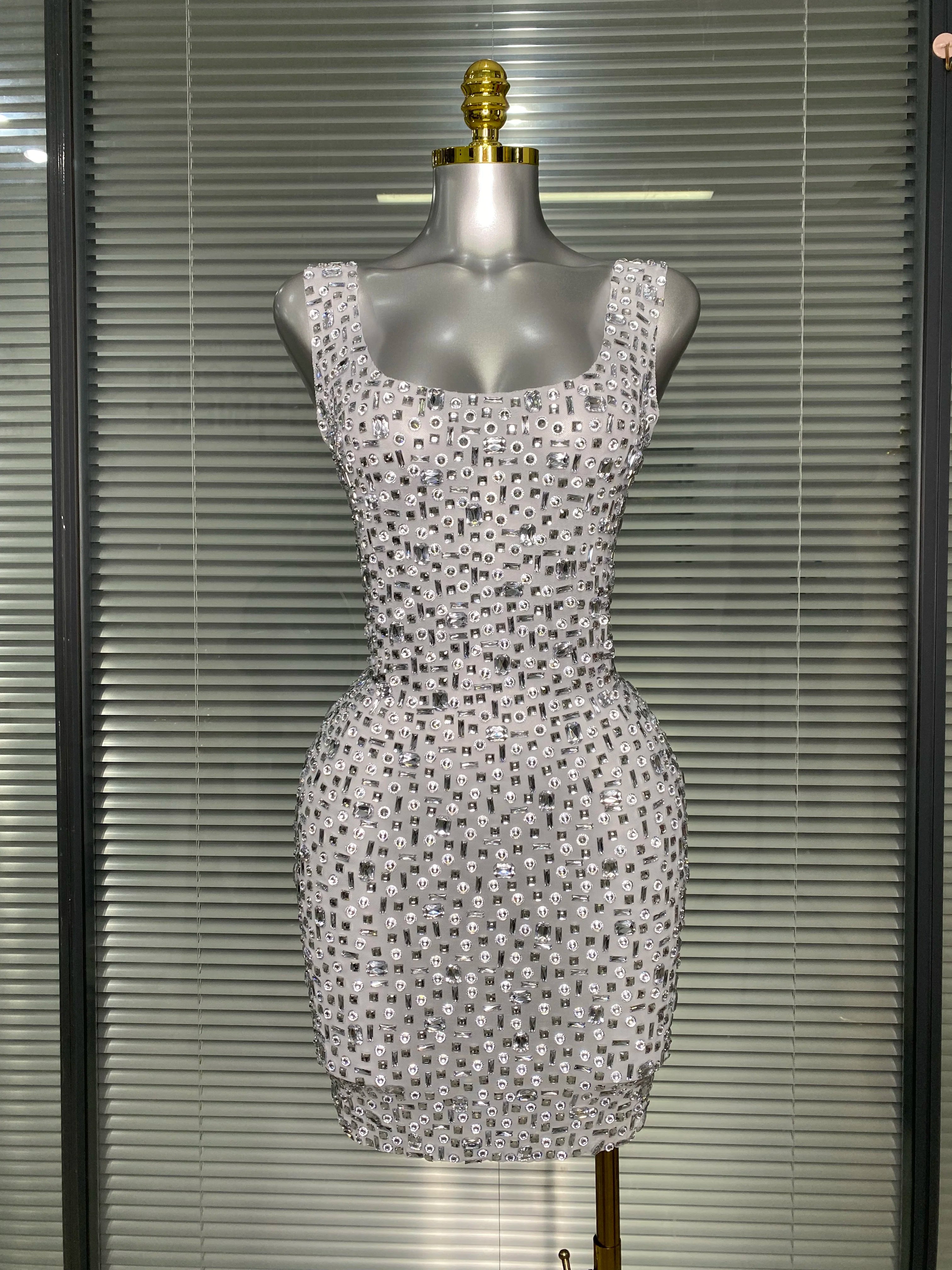 Women Sexy Sleeveless See Through Mesh White Costume Stage Dancer Singer Night Club Celebrity Mini Party Dress