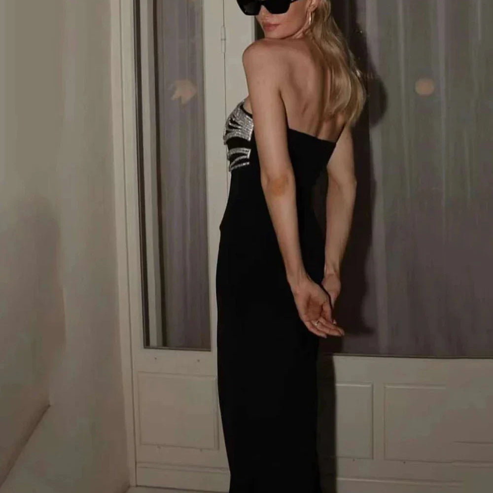 Vestido longo preto longo, sem alças, colado ao corpo, elegante, para festa noturna, celebridades, sexy, sem costas, diamantes
