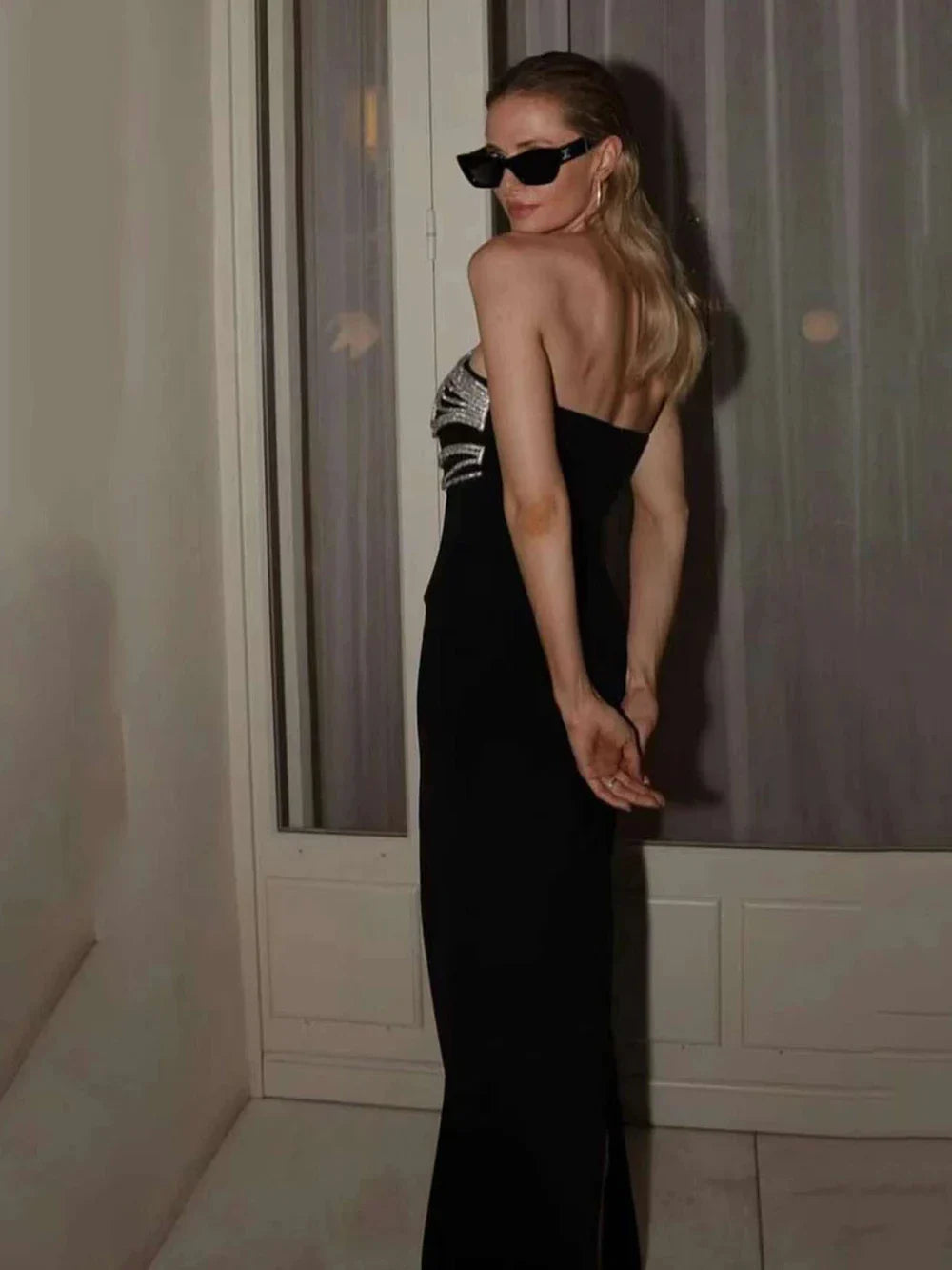 Vestido longo preto longo, sem alças, colado ao corpo, elegante, para festa noturna, celebridades, sexy, sem costas, diamantes