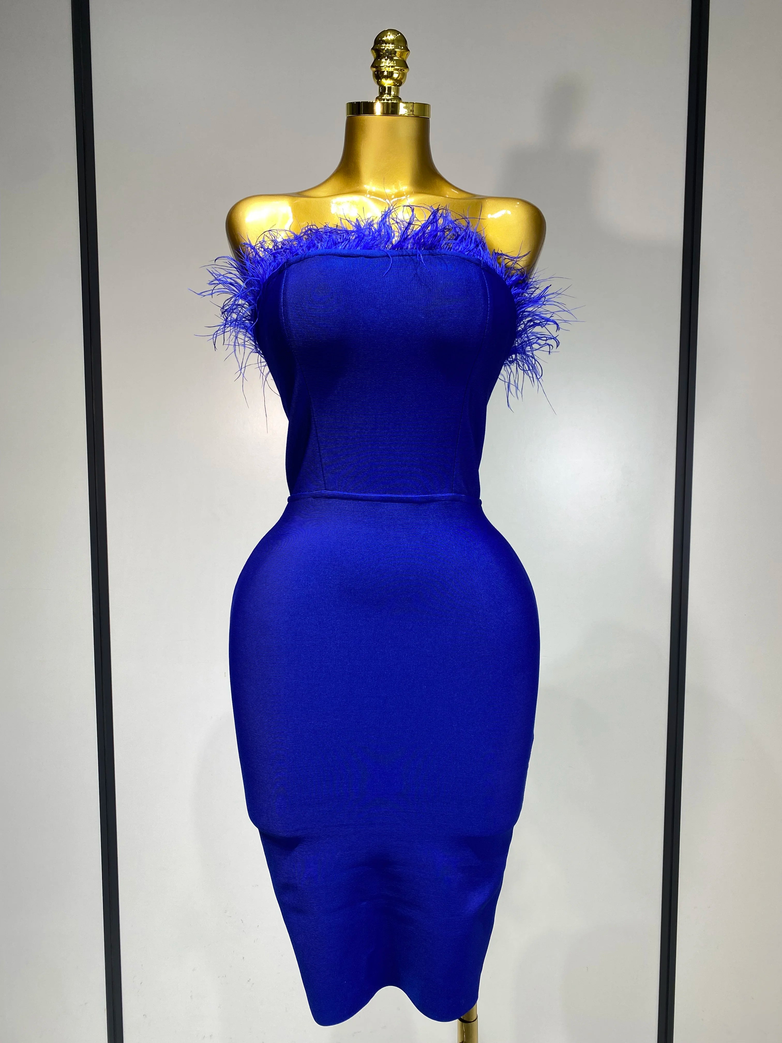 Women Sexy Backless Yellow Bodycon Bandage Dress Strapless Celebirty Elegant Feather Dresses Luxury Birthday Club Party Outfit
