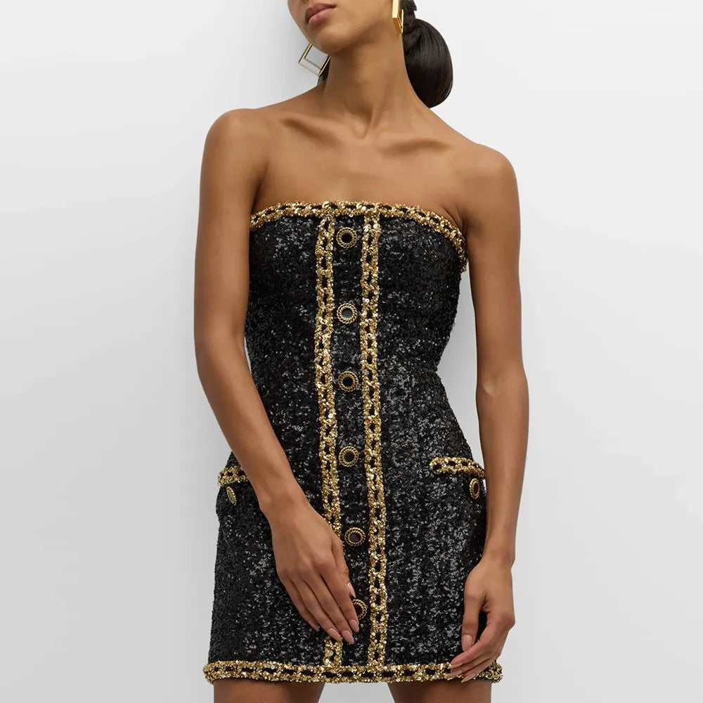 TWOTWINSTYLE Hit Color Sexy Dresses For Women Strapless Sleeveless High Waist Slimming Patchwork Button Dress Female Fashion New BLACK