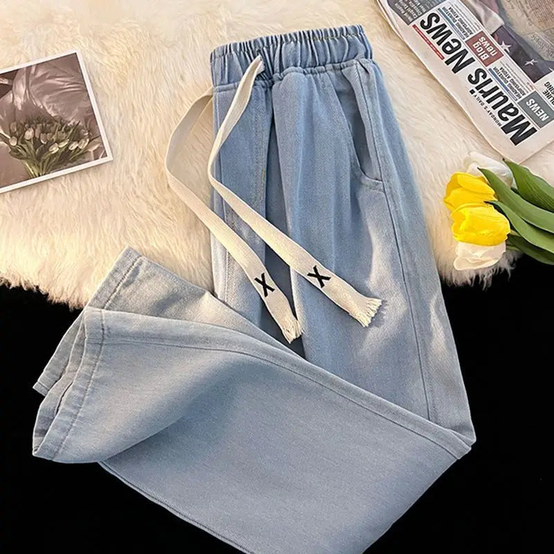 Spring And Winter Wide-leg Jeans Women Loose Straight Leg All Draped Trousers Students High-waisted Nine-point Pants Blue