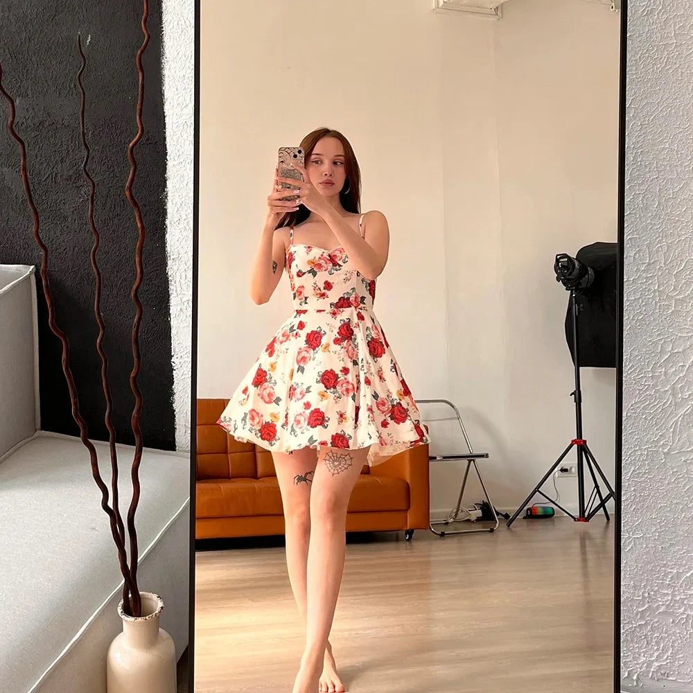 Suninheart Summer Elegant A Line Dress Lovely Floral Print Tulle Skirt Dress Casual Holiday Party Dresses Women 2024 New Arrival