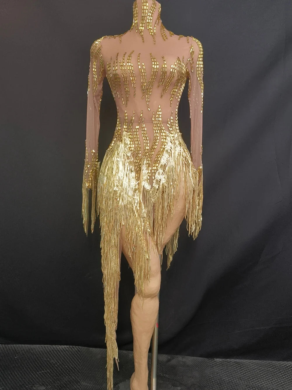 Women Sexy Mesh Gold Crystal Stretchy Night Club See Through Singer Dancer Tassel Stage Costume Mini Party Dress