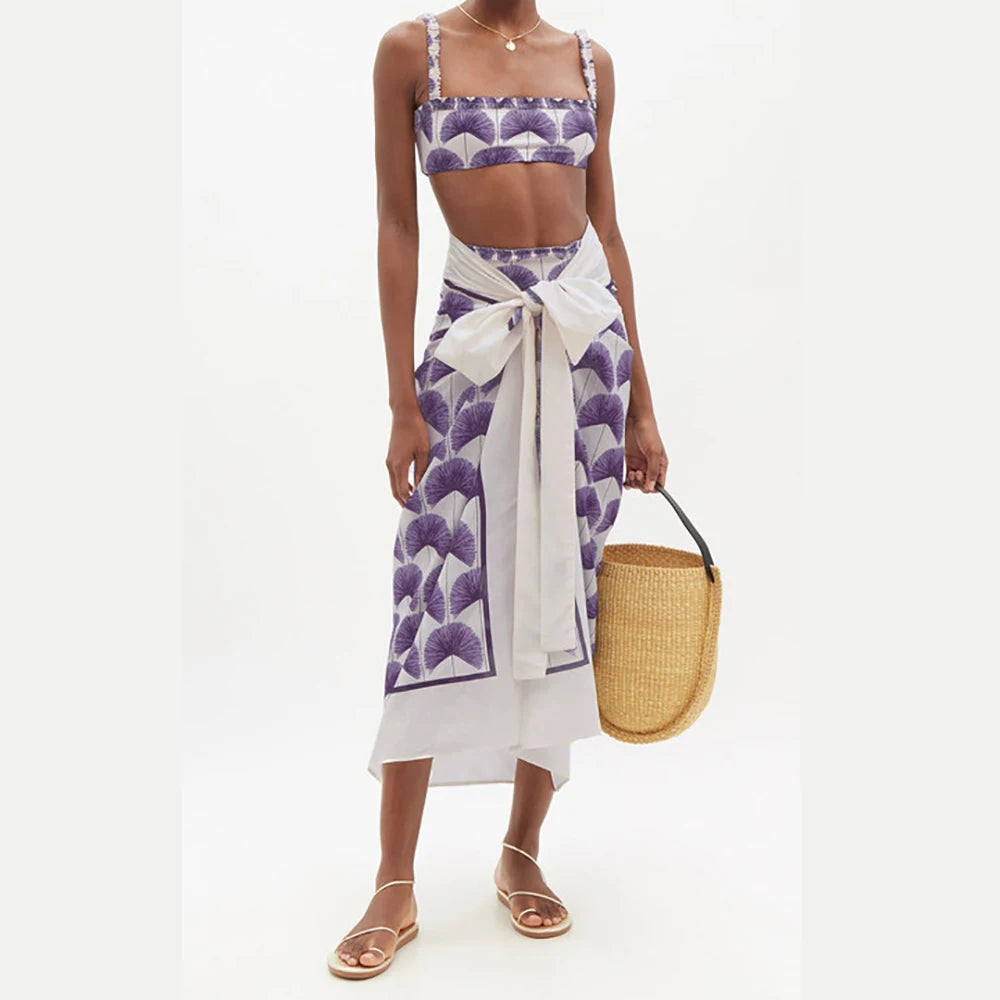 Women's 3 Piece Swimsuits Fashion Leaves Printed Bikini and Cover Up Beach Outfitssummer Bathing Suits High Waist Swimwear 2022 Lavender