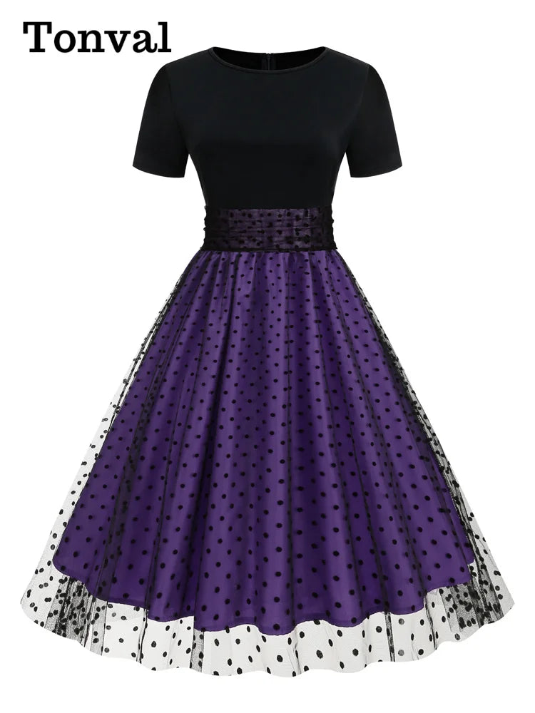 Tonval Round Neck Ruched High Waist Vintage Dot Mesh Overlay Pleated Dress Women Short Sleeve Evening Elegant Party Midi Dresses