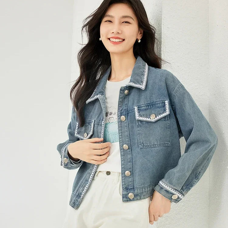 Vintage Lapel Long Sleeve Jean Jacket for Women Autumn Casual Straight Loose Denim Jackets Fall Female Clothing Denim Blue